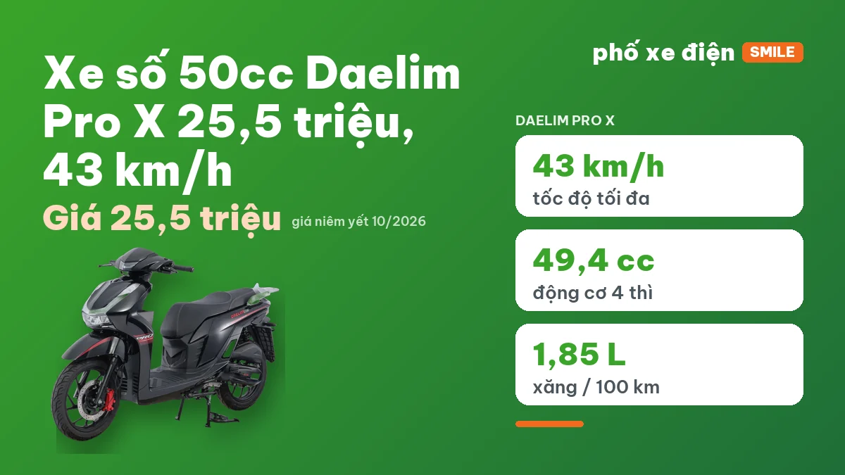 Xe 50cc Daelim Pro X với động cơ 49,4 cc làm mát gió