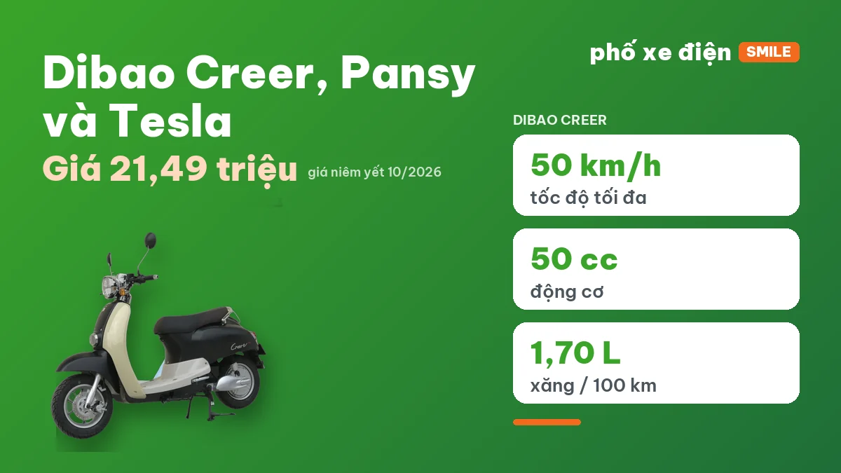 Các mẫu xe Dibao Creer, Pansy và Tesla gồm bản xe ga 50cc và bản xe điện