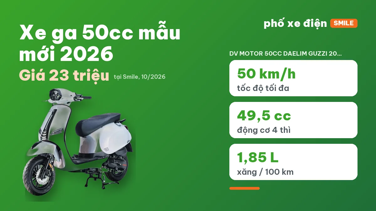 Bốn mẫu xe ga 50cc Guzzi, Vanio, Visiem và Gova xếp cạnh nhau