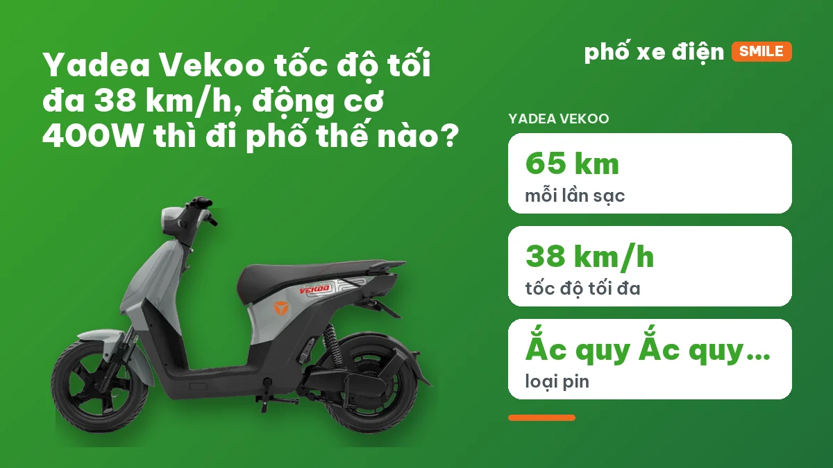 Yadea Vekoo tốc độ tối đa 38 km/h động cơ 400W đi phố ngắn